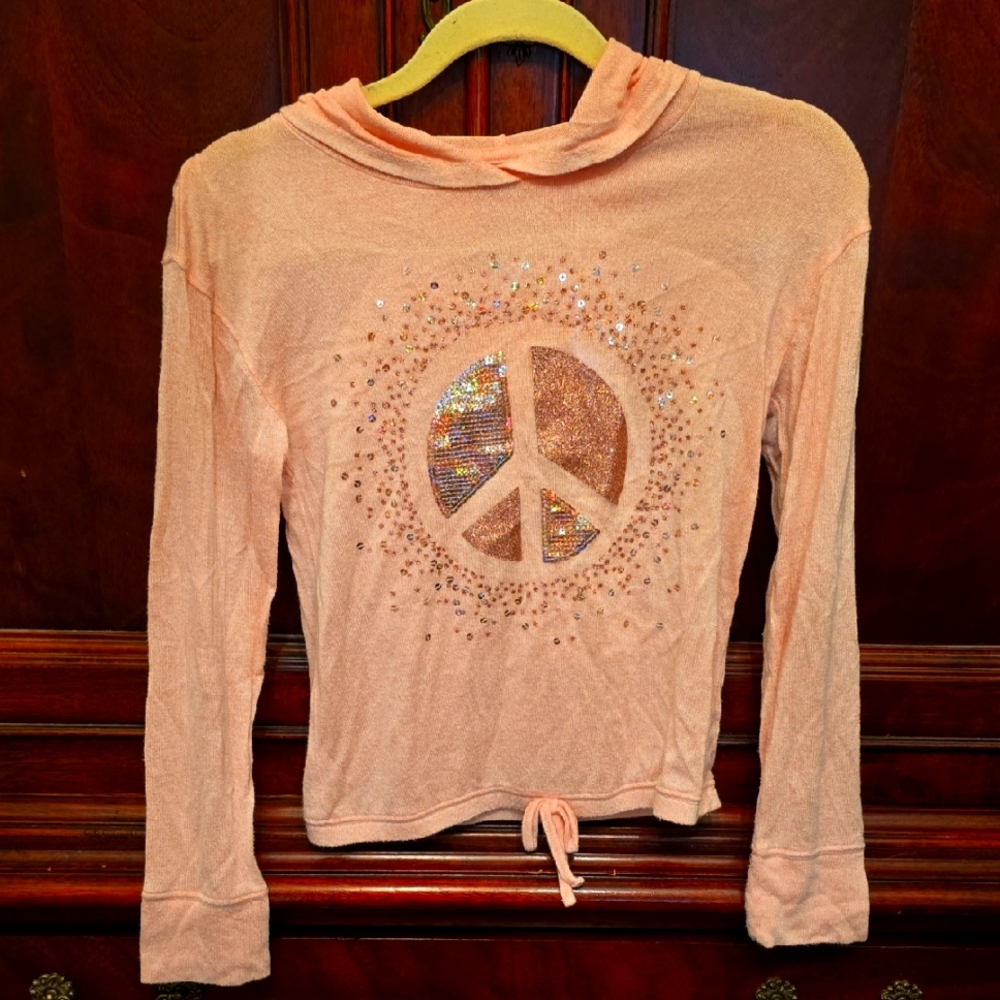 Peach Sequin Peace Sign Kids Top Size L 10/12